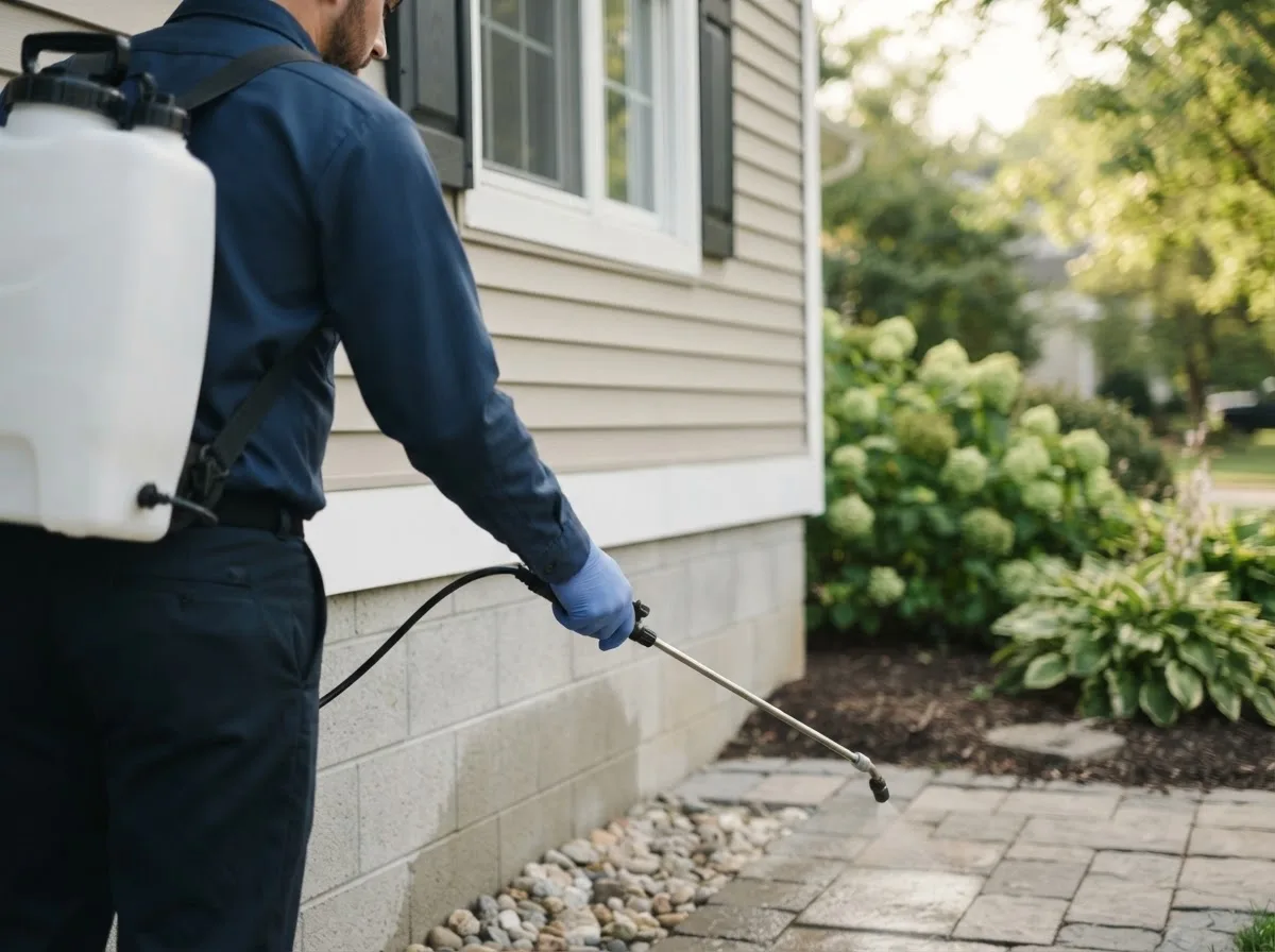 Pest control technician inspecting a home in Kohler, WI